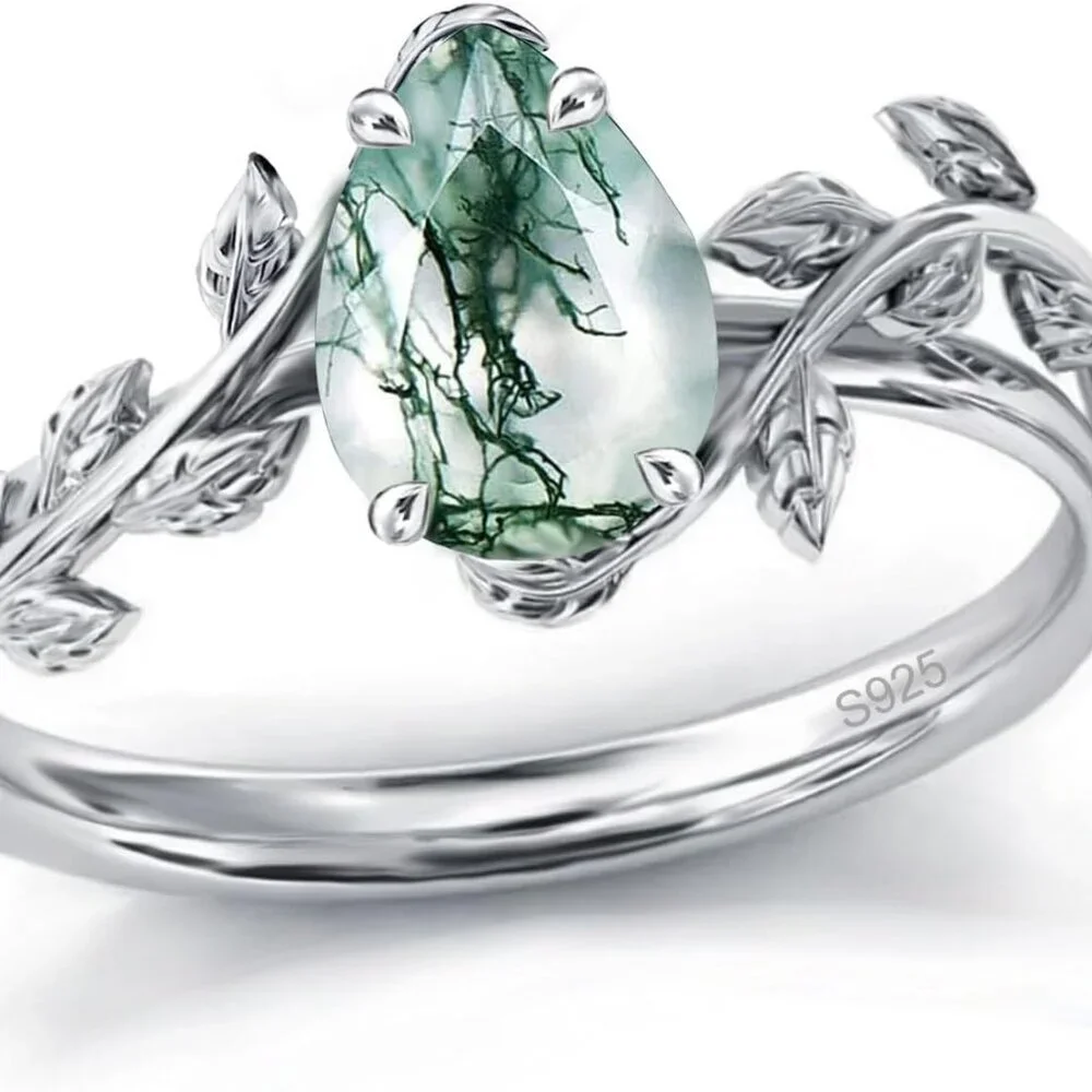 Natural Moss Agate Ring 925 Sterling Silver Opal Birthstone Ring 925 Sterling Si - Picture 1 of 6